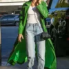 Hailey Bieber Green Trench Leather Coat