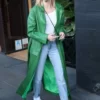 Hailey Bieber Green Trench Real Leather Coat
