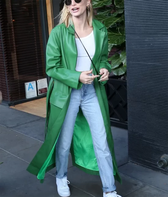 Hailey Bieber Green Trench Real Leather Coat