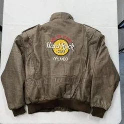 Hard Rock Cafe Orlando Brown Leather Bomber Jacket Back