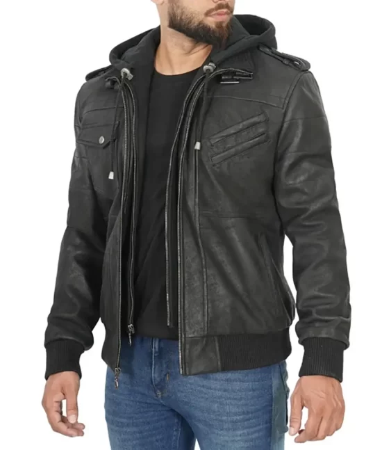 Harlem Men’s Black Hooded Leather Bomber Jacket