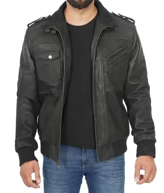 Harlem Men’s Black Hooded Real Leather Bomber Jacket