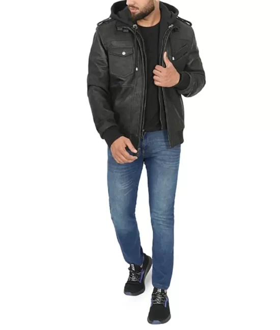 Harlem Men’s Black Hooded Leather Bomber Jacket