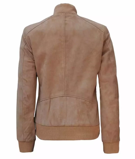 Harrington Womens Camel Bomber Suede Leather Jacket BAck