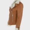 Jacqueline Tan Brown Asymmetrical Sheepskin Shearling Aviator Men Flight Leather Biker Jacket