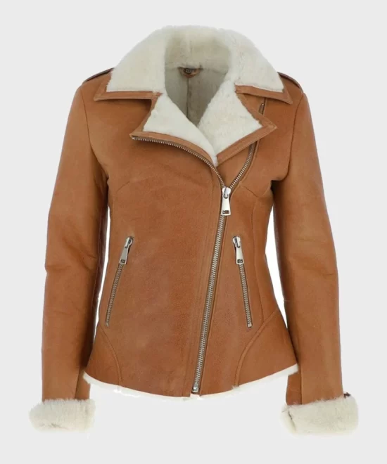 Jacqueline Tan Brown Shearling Suede Biker Jacket