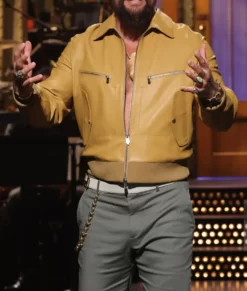 Jason Momoa Saturday Night Live Men's Mustard Real Leather Jacket
