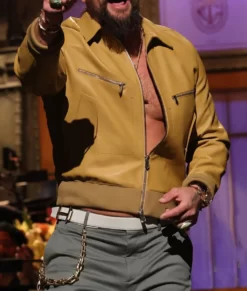 Jason Momoa Saturday Night Live Men's Mustard Top Leather Jacket