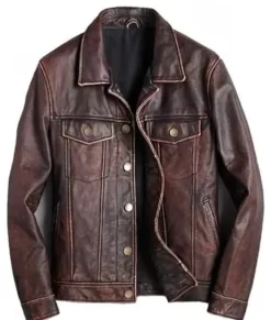 Jasper Men’s Brown Classic Rugged Leather Trucker Racer Jacket