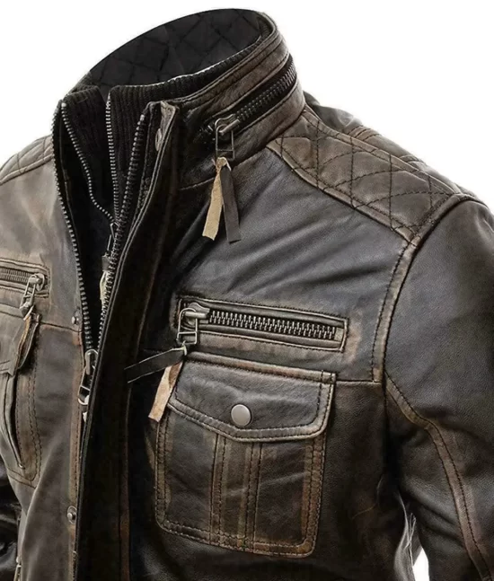 Jasper Men’s Brown Distressed Rugged Real Leather Cafe Racer Jacket