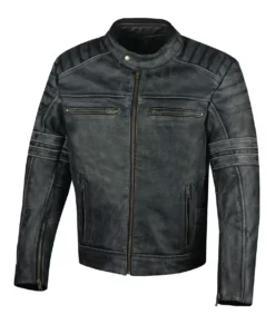 Jaxon Men’s Dark Gray Distressed Padded Leather Cafe Racer Suede Leather Jacket