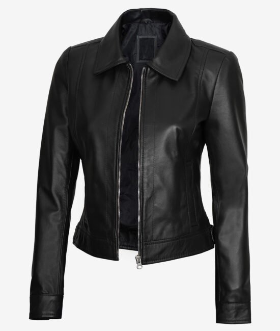 Jose Women's Black Shirt Collar Harrington Full Genuine Leather Jacket