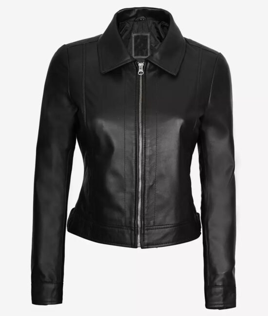 Jose Womens Black Shirt Collar Harrington Full Genuine Leather Jacket