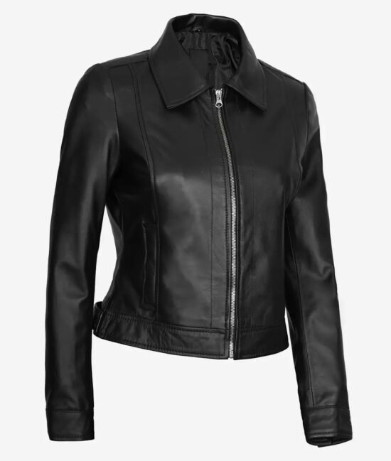 Jose Womens Black Shirt Collar Harrington Genuine Leather Jacket