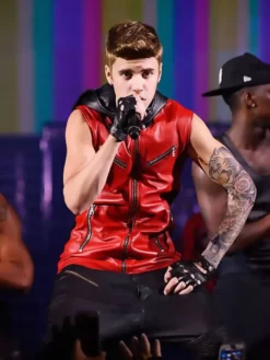 Justin Bieber Believe Tour Red Hooded Leather Vest