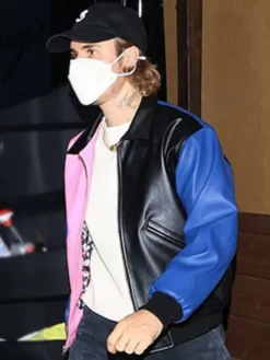 Justin Bieber Pink Black and Blue Bomber Leather Jacket