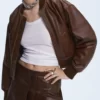 Katie Holmes Brown Faux Leather Bomber Jacket