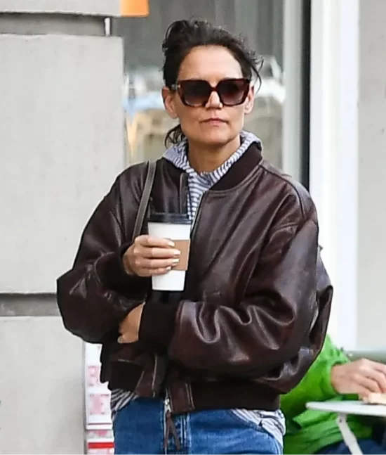 Katie Holmes Brown Women Leather Bomber Jacket