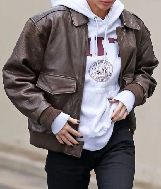 Kendall Jenner Brown Bomber real Leather Jacket