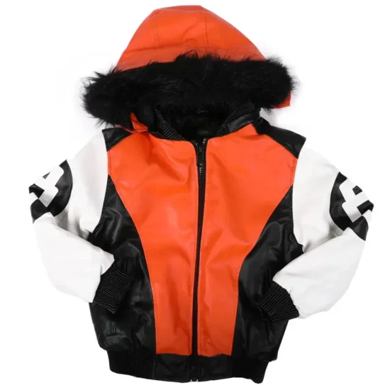 Kid's 8 Ball Faux Fur Trim Hooded Orange Leather Jacket