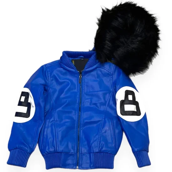 Kid's Eight Ball Color-Blocked Blue and Black Bomber Fur Hooded Jacket