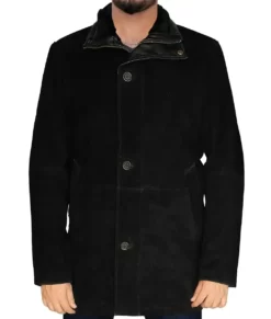 Kingston Men’s Black Mid-Length Trucker Style Suede Leather Coat
