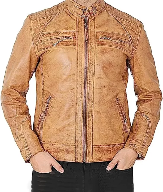 Knox Men’s Brown Quilted Retro Leather Cafe Racer Jacket