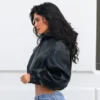 Kylie Jenner Black Crop Hooded Leather Jacket
