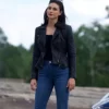 Last Looks Morena Baccarin Cropped Biker Real Leather Jacket