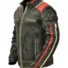 Liam Men’s Black Distressed Striped Ribbed Real Leather Racer Jacket