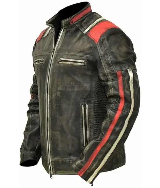 Liam Men’s Black Distressed Striped Ribbed Real Leather Racer Jacket