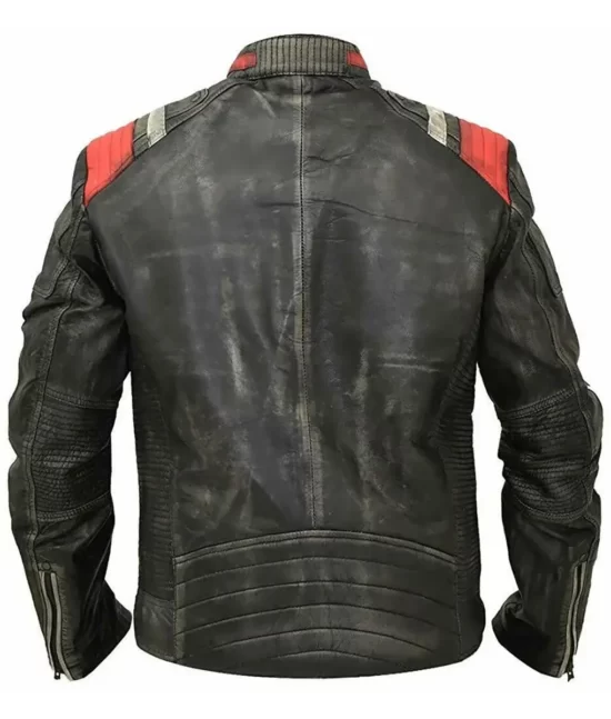 Liam Men’s Black Distressed Striped Ribbed Top Leather Racer Jacket