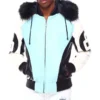 Light Blue Men's 8 Ball Color Block Bomber Fur Hood Leather Jacket