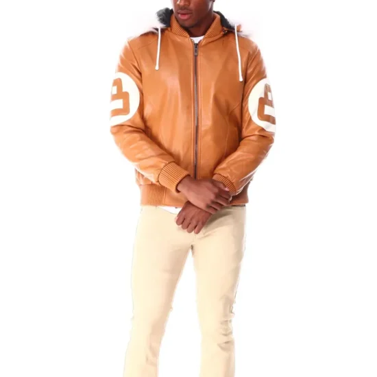 Light Brown Men's 8 Ball Color Block Fur Hooded Bomber Leather Jacket