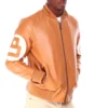 Light Brown Men's Eight Ball Color Block Fur Hooded Bomber Leather Jacket