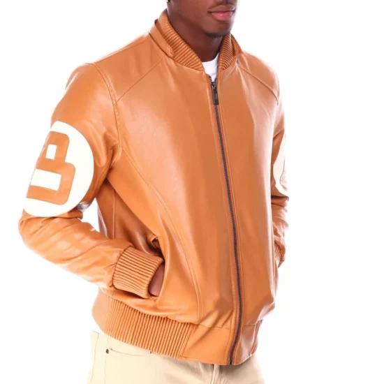 Light Brown Men's Eight Ball Color Block Fur Hooded Bomber Leather Jacket