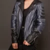 Linda Blue Womens Metallic Real Leather Jacket