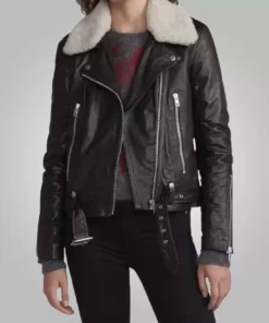 Love Life Sara Yang Fur Collar Black Biker Leather Jacket