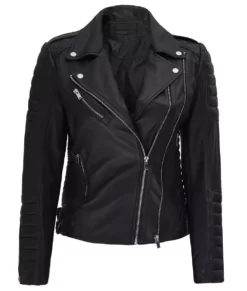 Lucille Womens Black Quilted Asymmetrical Top Leather Biker Jacket