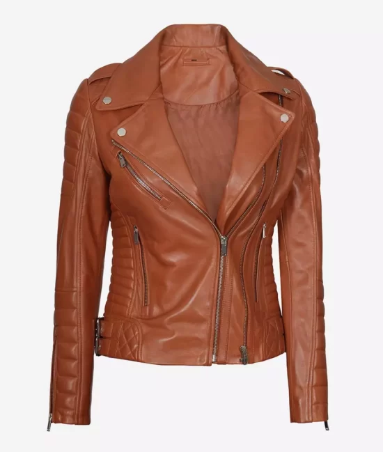 Lucille Womens Tan Brown Asymmetrical Motorcycle Leather Jacket