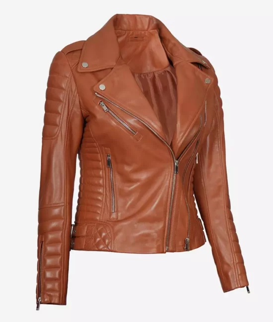 Lucille Womens Tan Brown Asymmetrical Motorcycle Real Leather Jacket