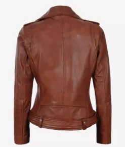 Margaret Womens Asymmetrical Leather Cognac Biker Jacket Back