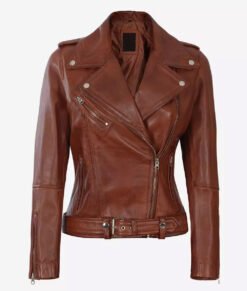 Margaret Womens Cognac Asymmetrical Biker Full Genuine Leather Jacket