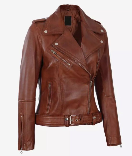 Margaret Women's Cognac Asymmetrical Biker Genuine Leather Jacket