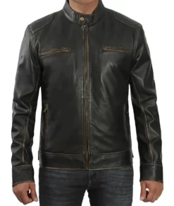 Marlon Men’s Dark Brown Distressed Cafe Racer Leather Jacket