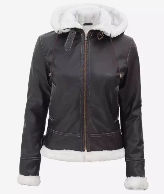 Mary B3 Hooded Bomber Brown Shearling Genuine Leather Jackets