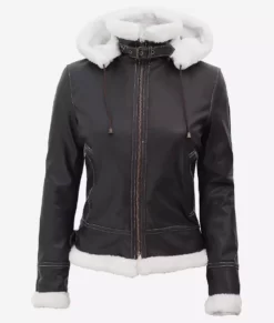 Mary B3 Hooded Bomber Brown Shearling Real Leather Jackets