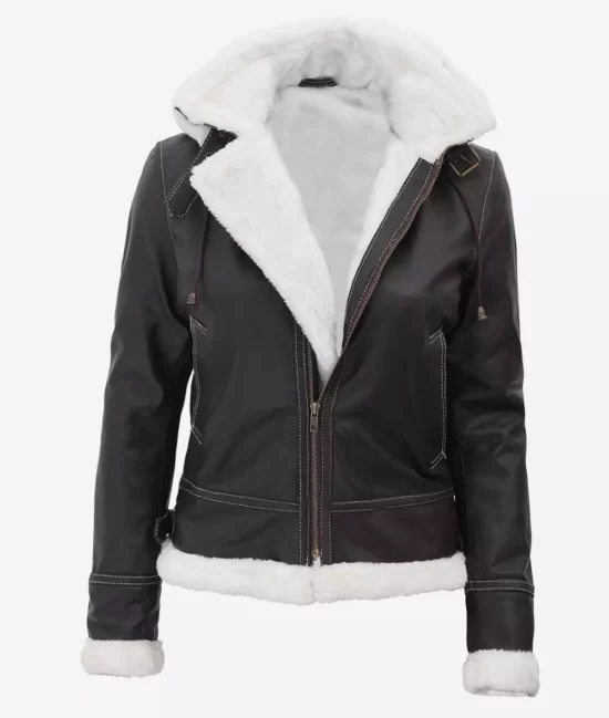 Mary B3 Hooded Bomber Brown Shearling Top Leather Jackets