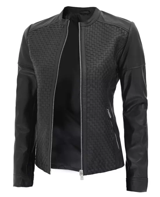 Maude Black Textured Leather Jacket for Women