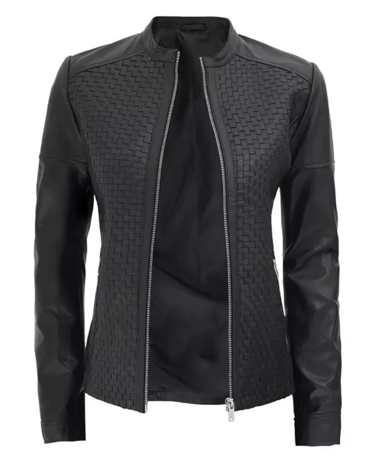 Maude Black Textured Leather Jacket for Women Front